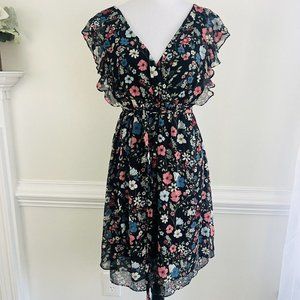 Jessica Simpson Black Red White & Blue Floral Lined Chiffon Dress ~ Size Medium